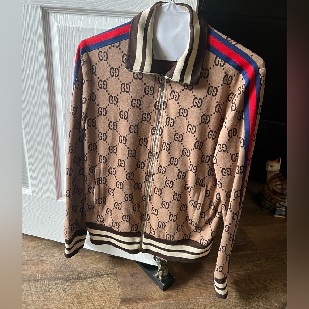 OG Authentic Mens Gucci GG Zipped Jacquard Track Jacket Camel/Brown Sz Large